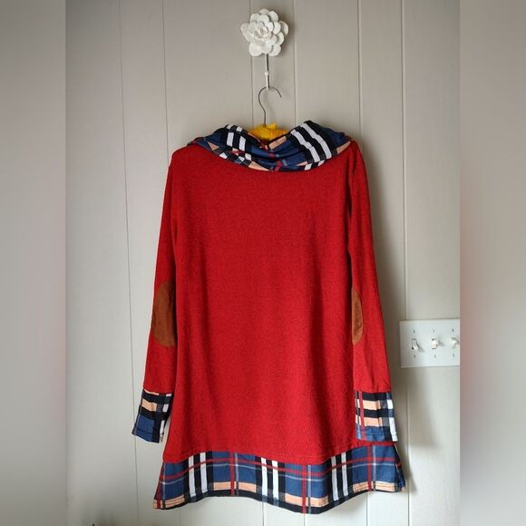 All In One Red Plaid Sweater Tunic Dress Suede Sleeve Patches. Size L - Picture 2 of 5